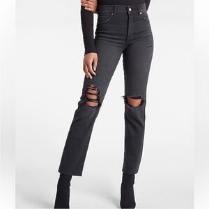 High-Rise Black Distressed Straight-Leg Jeans